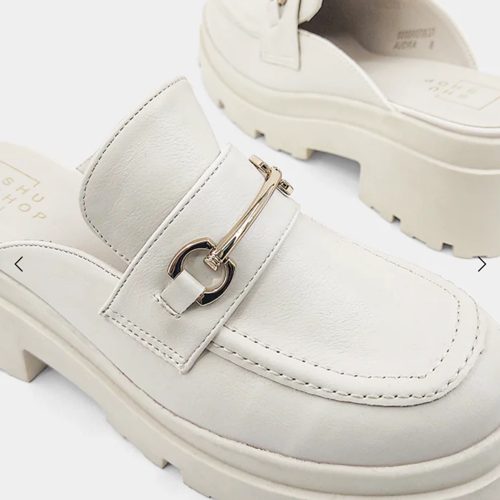 Chic White Leather Mules With Gold Accent